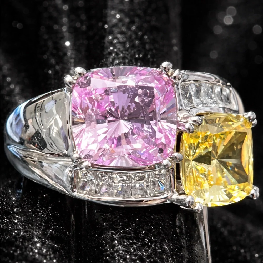 Victoria Wieck vintage Canary pink CZ cushion baguette princess cut silver ring